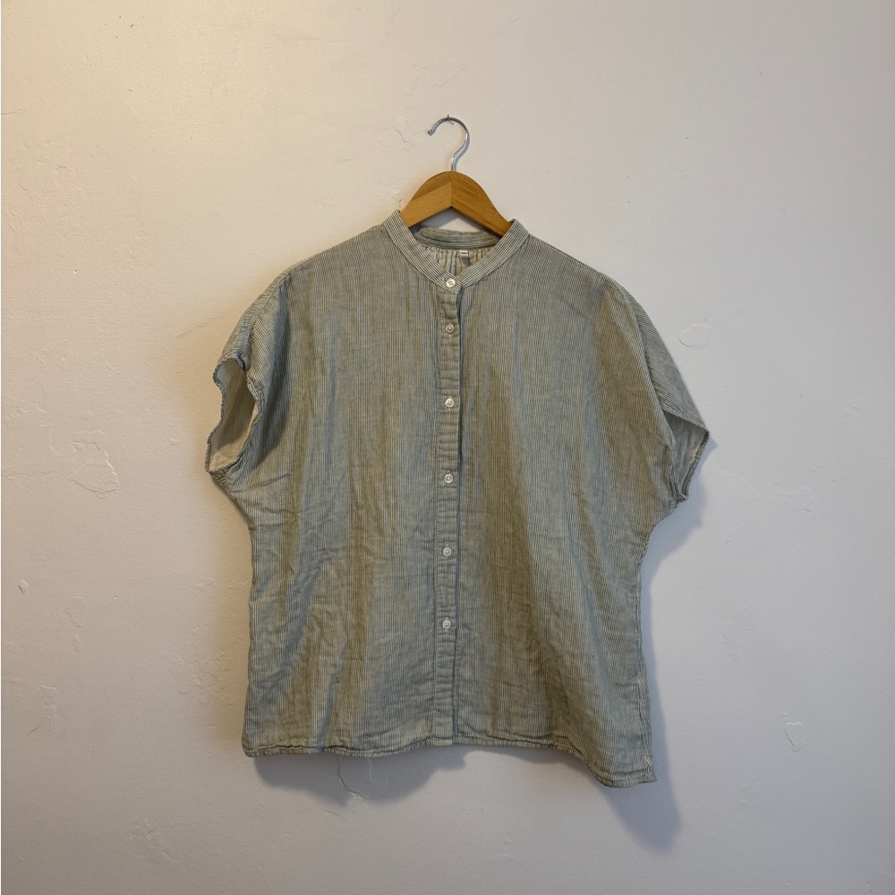 Muji Women's Button Down Shirt - Green stripe